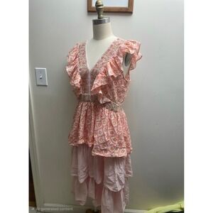 Marea Pink Floral Block Print Tiered Ruffle Dress Embroidered V-Neck Small